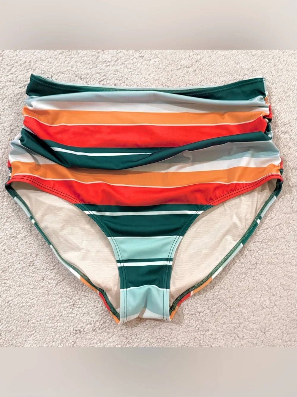 Nani Emerald Green V-Neck Bikini Set with Multi-Stripe Ultra High-Waist Bottoms